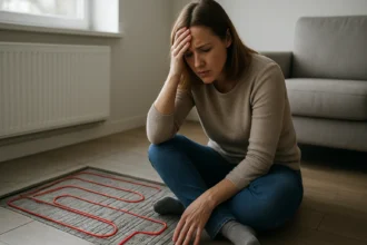 Žena s bolestným výrazom sedí na podlahe pri podlahovom kúrení.