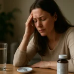 Žena so stresom sedí pri stole s doplnkom výživy a vodou