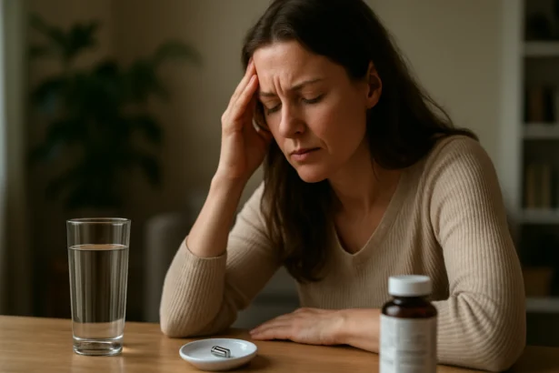 Žena so stresom sedí pri stole s doplnkom výživy a vodou