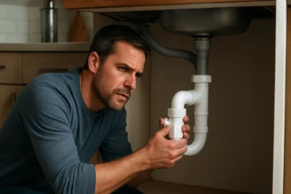 Muž inštalujúci spätný ventil na odpadovú vodu v kuchyni.