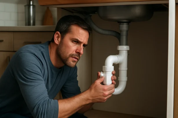 Muž inštalujúci spätný ventil na odpadovú vodu v kuchyni.