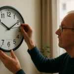 Muž nastavuje rádiom riadené hodiny na stene v domácnosti.