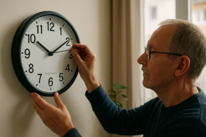 Muž nastavuje rádiom riadené hodiny na stene v domácnosti.