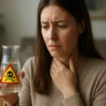 Žena s obavami drží fľašu s obsahom kyseliny dusičnej