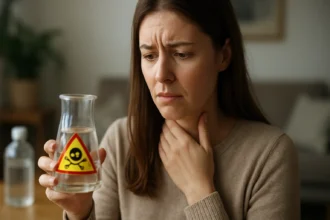 Žena s obavami drží fľašu s obsahom kyseliny dusičnej