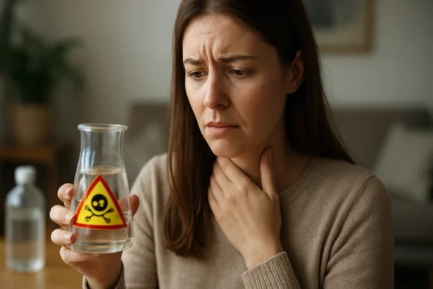 Žena s obavami drží fľašu s obsahom kyseliny dusičnej