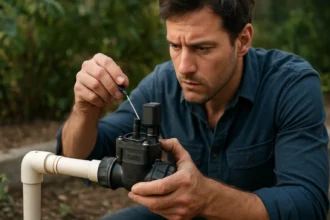 Oprava magnetického ventilu Hunter PGV v záhrade.