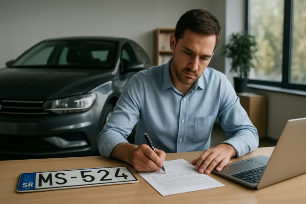 Muž vypĺňajúci formulár na legalizáciu zahraničného auta na Slovensku.