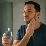 Muž s vodou po holení v kúpeľni, zameraný na starostlivosť o pleť.