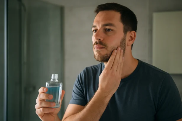 Muž s vodou po holení v kúpeľni, zameraný na starostlivosť o pleť.