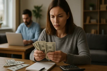 Žena počítajúca peniaze s notebookom a kalkulačkou v pozadí.