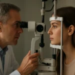 Oftalmolog vyšetruje ženu pomocou optického zariadenia.