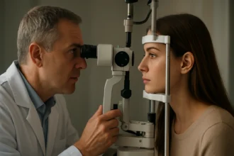 Oftalmolog vyšetruje ženu pomocou optického zariadenia.