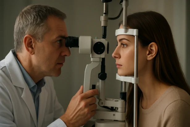 Oftalmolog vyšetruje ženu pomocou optického zariadenia.