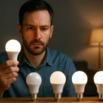 Muž vyhodnocuje rôzne typy LED žiaroviek pri stole.