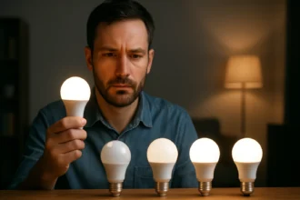 Muž vyhodnocuje rôzne typy LED žiaroviek pri stole.