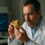 Vedec skúma zlatý kameň v laboratóriu, objavy modernej fyziky.