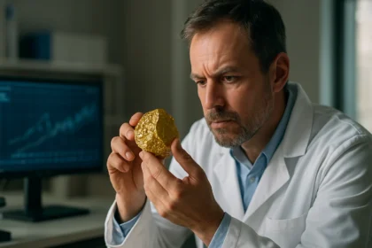 Vedec skúma zlatý kameň v laboratóriu, objavy modernej fyziky.