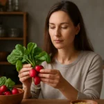 Žena skúma reďkovky, superpotravinu bohatú na živiny.