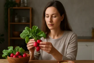 Žena skúma reďkovky, superpotravinu bohatú na živiny.