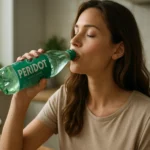 Žena pije minerálnu vodu Peridot v kuchyni