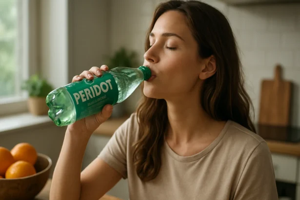 Žena pije minerálnu vodu Peridot v kuchyni