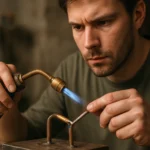 Muž s benzínovou spájkovacou lampou pracuje na spájkovaní