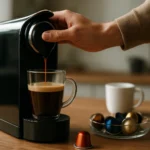 Príprava kávy v kapsulovom kávovare s kávou v sklenenej pohári.