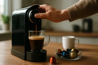 Príprava kávy v kapsulovom kávovare s kávou v sklenenej pohári.