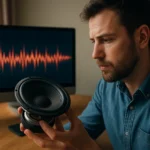 Muž skúma reproduktor s pohyblivou membránou a zvukovými vlnami na obrazovke.