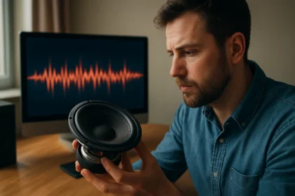 Muž skúma reproduktor s pohyblivou membránou a zvukovými vlnami na obrazovke.