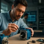 Muž skúma servomotor v technickej laboratóriu s počítačom