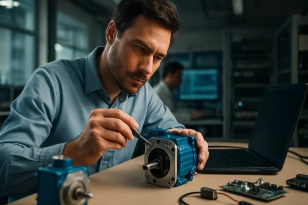 Muž skúma servomotor v technickej laboratóriu s počítačom