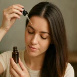 Žena aplikuje tea tree olej na vlasy a pokožku hlavy