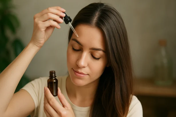 Žena aplikuje tea tree olej na vlasy a pokožku hlavy