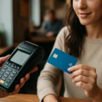 Žena drží čipovú kartu pri platbe s terminálom v kaviarni.
