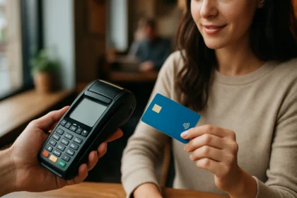 Žena drží čipovú kartu pri platbe s terminálom v kaviarni.