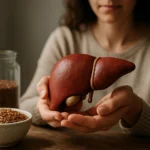 Žena drží model pečene vedľa ľanových semienok.