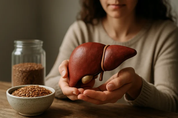 Žena drží model pečene vedľa ľanových semienok.