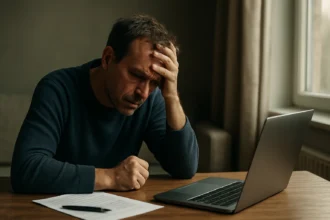 Muž so zlou náladou sedí pri počítači a premýšľa o nezamestnanosti.