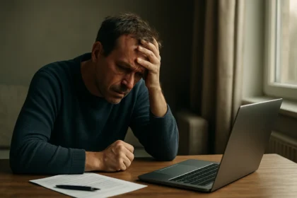 Muž so zlou náladou sedí pri počítači a premýšľa o nezamestnanosti.