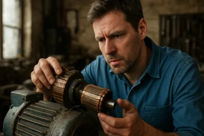 Muž kontrolujúci komutátor v elektrickom stroji