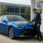 Toyota Mirai s vodíkovým pohonom tankuje na čerpacej stanici