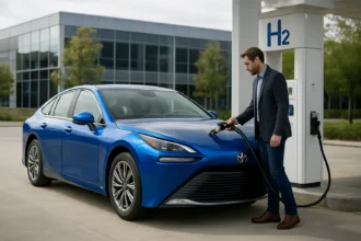 Toyota Mirai s vodíkovým pohonom tankuje na čerpacej stanici