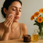 Žena sa stará o svoju pleť s produktmi z nechtíka a kvetinovou výzdobou.