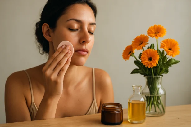 Žena sa stará o svoju pleť s produktmi z nechtíka a kvetinovou výzdobou.