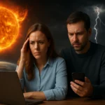 Pár znepokojený slnečnými erupciami počas sledovania technológie