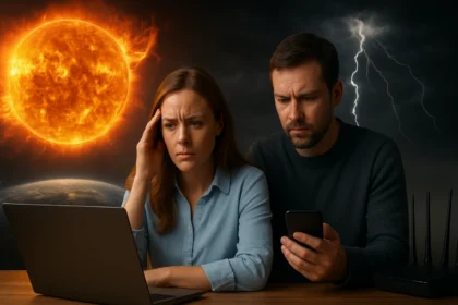 Pár znepokojený slnečnými erupciami počas sledovania technológie