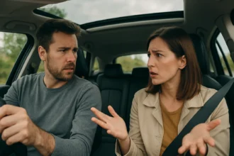 Pár v aute diskutuje o panoramatickej streche a jej rizikách.