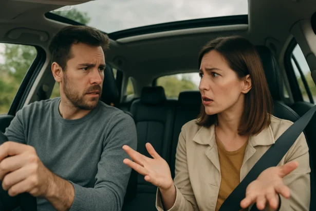 Pár v aute diskutuje o panoramatickej streche a jej rizikách.